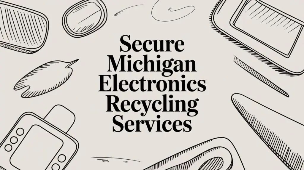 Text in bold reads “Secure Michigan Electronics Recycling Services” surrounded by black-and-white line drawings of electronics like phones, remotes, and a stylus on a light background.