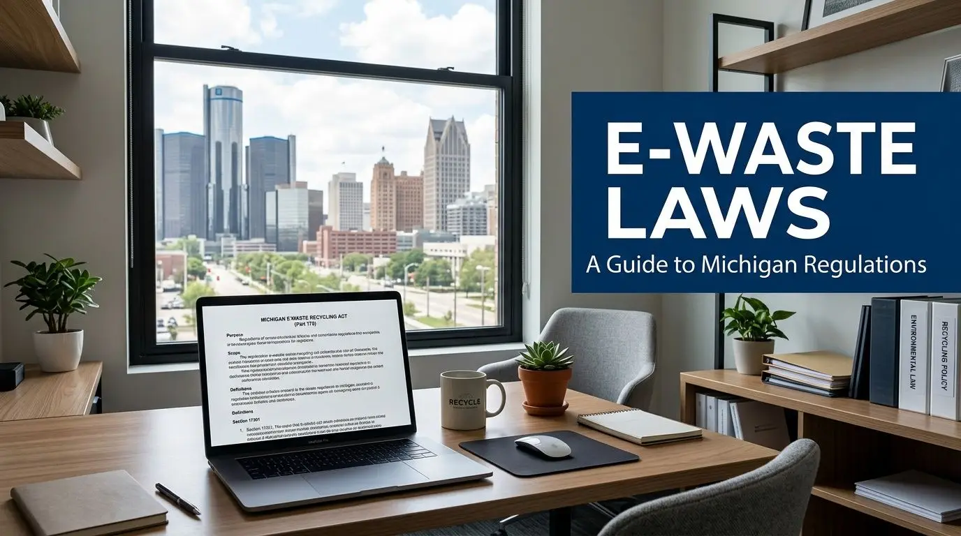 A modern desk with a laptop displaying Michigan e-waste recycling regulations overlooking a city skyline.