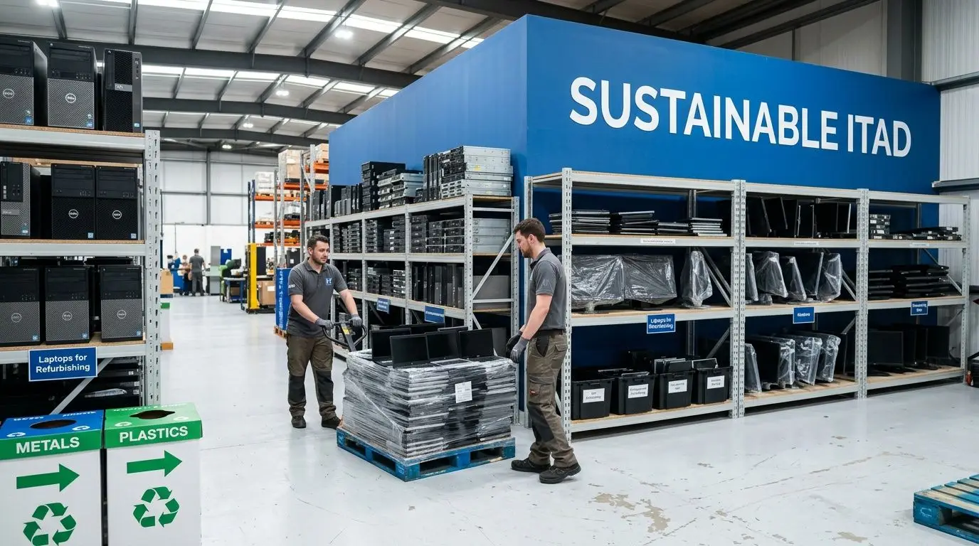 Warehouse workers organizing refurbished electronic equipment in a sustainable IT asset disposition facility.