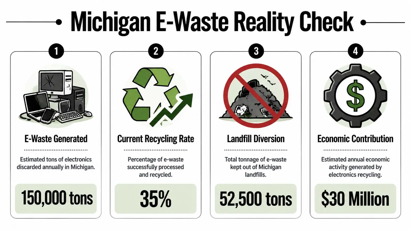 An infographic titled Michigan E-Waste Reality Check showing statistics on electronics recycling, landfill diversion, and economic impact.