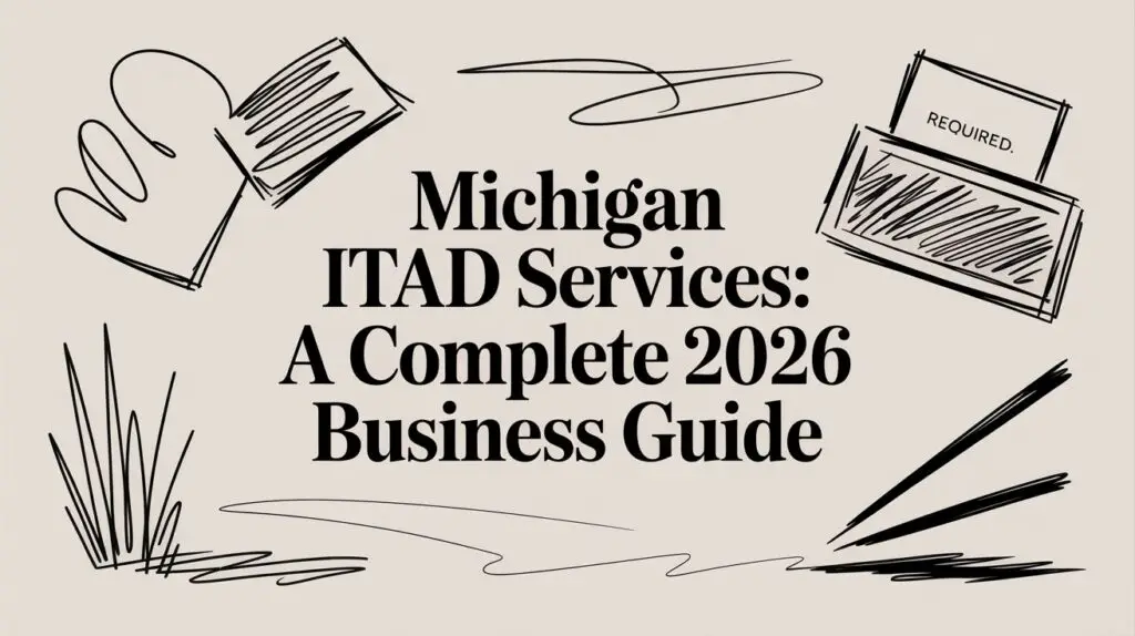 Text reads: "Michigan ITAD Services: A Complete 2026 Business Guide" in bold, black font with abstract black line drawings of books and scribbles on a light beige background.
