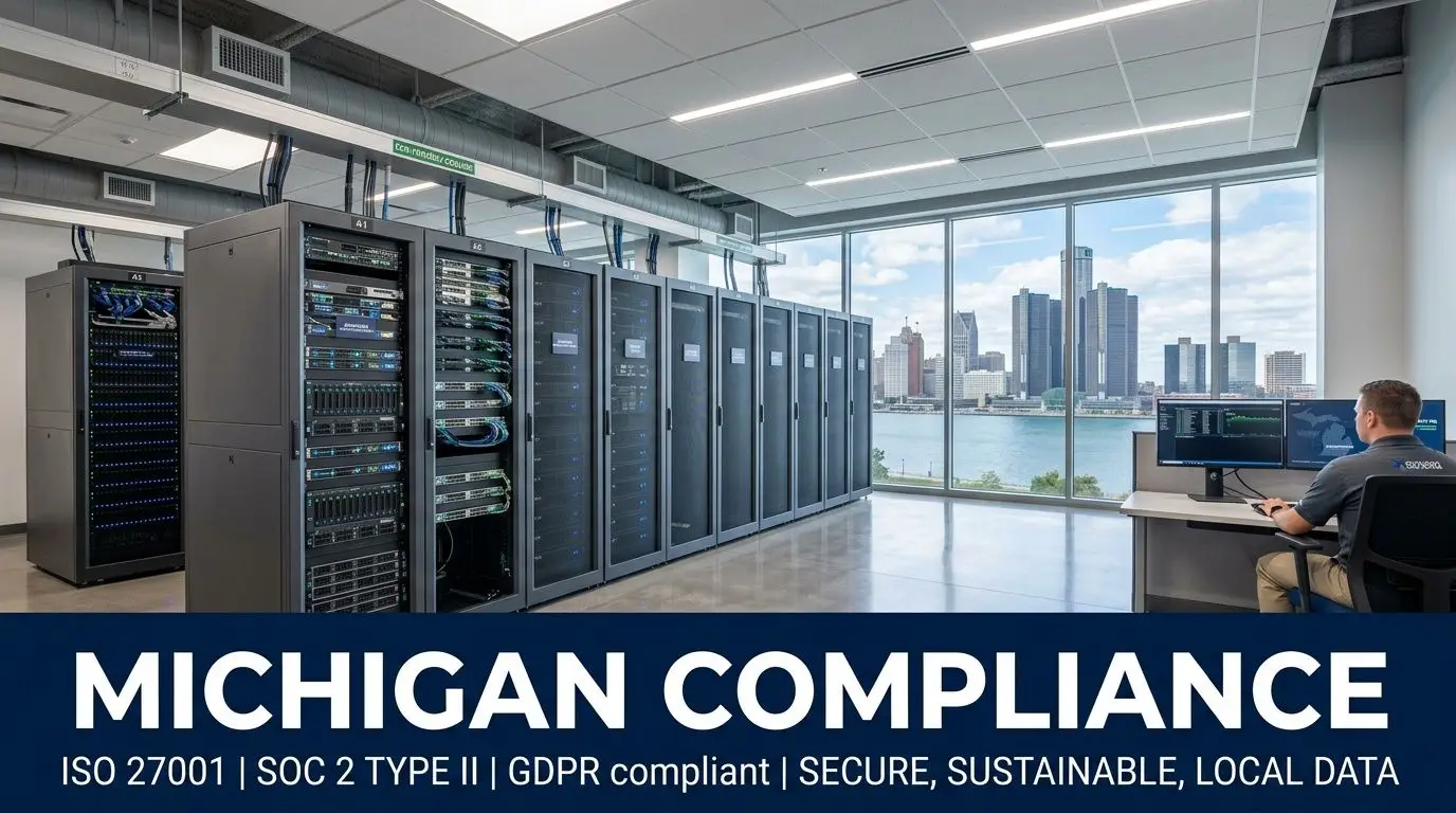 A professional technician monitoring data center servers in a secure facility overlooking the Detroit city skyline.
