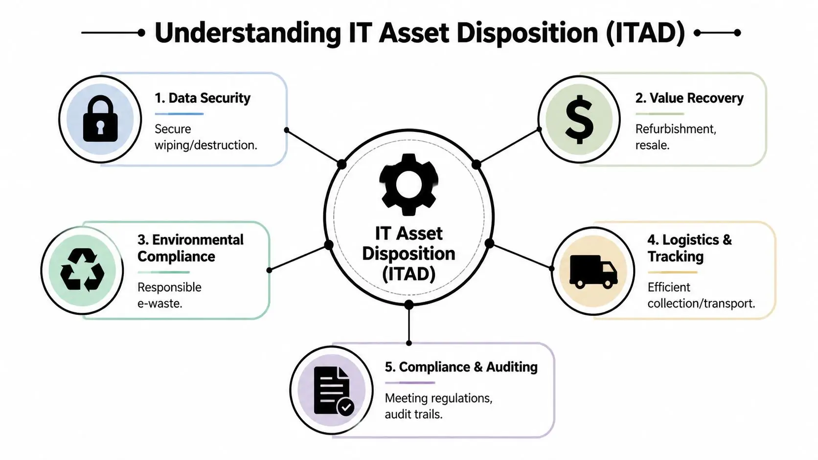 A diagram illustrating the five core components of IT Asset Disposition, including security, compliance, and value recovery.