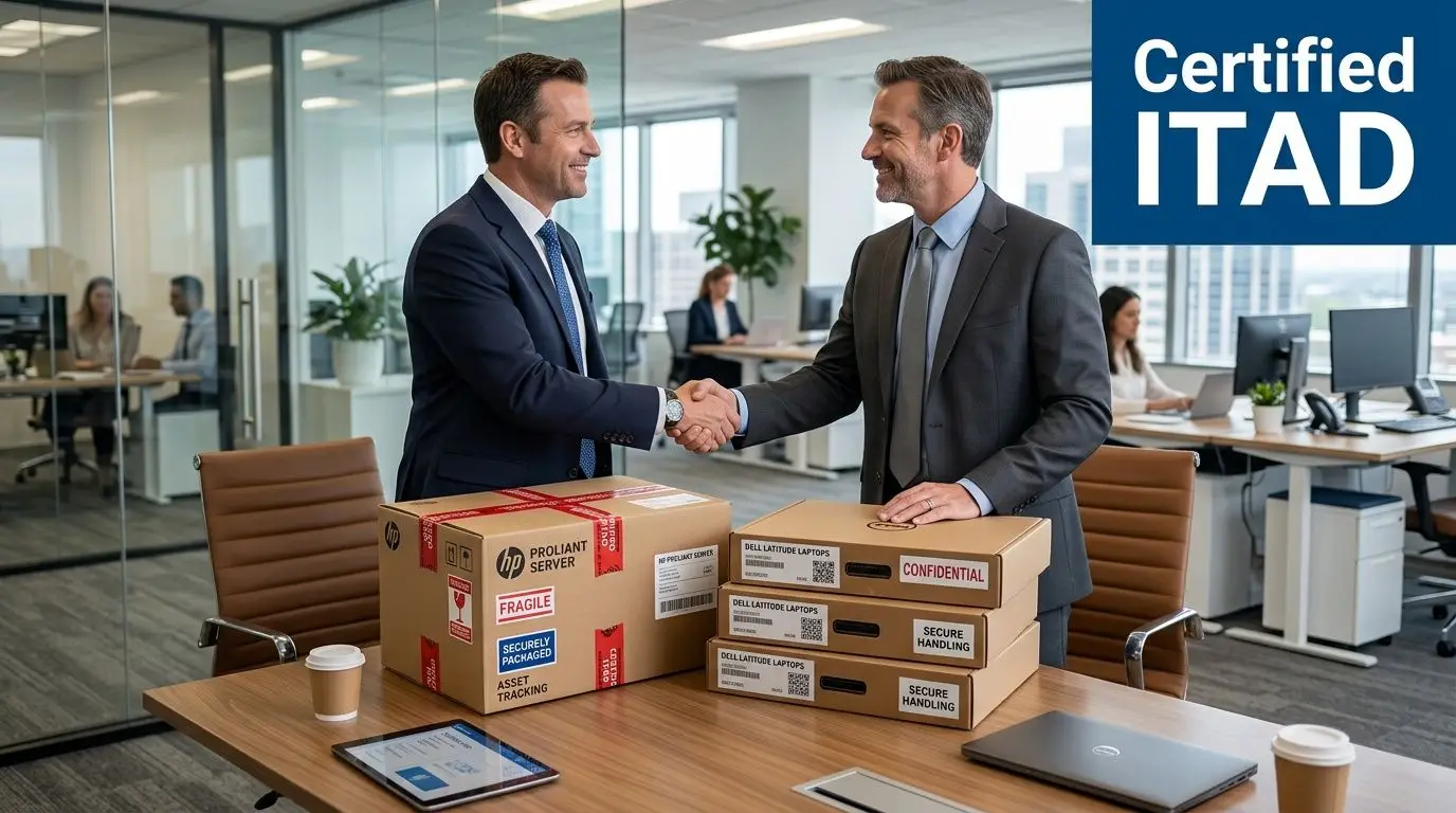 Two professional business men in suits shaking hands over boxes of decommissioned IT equipment in an office.