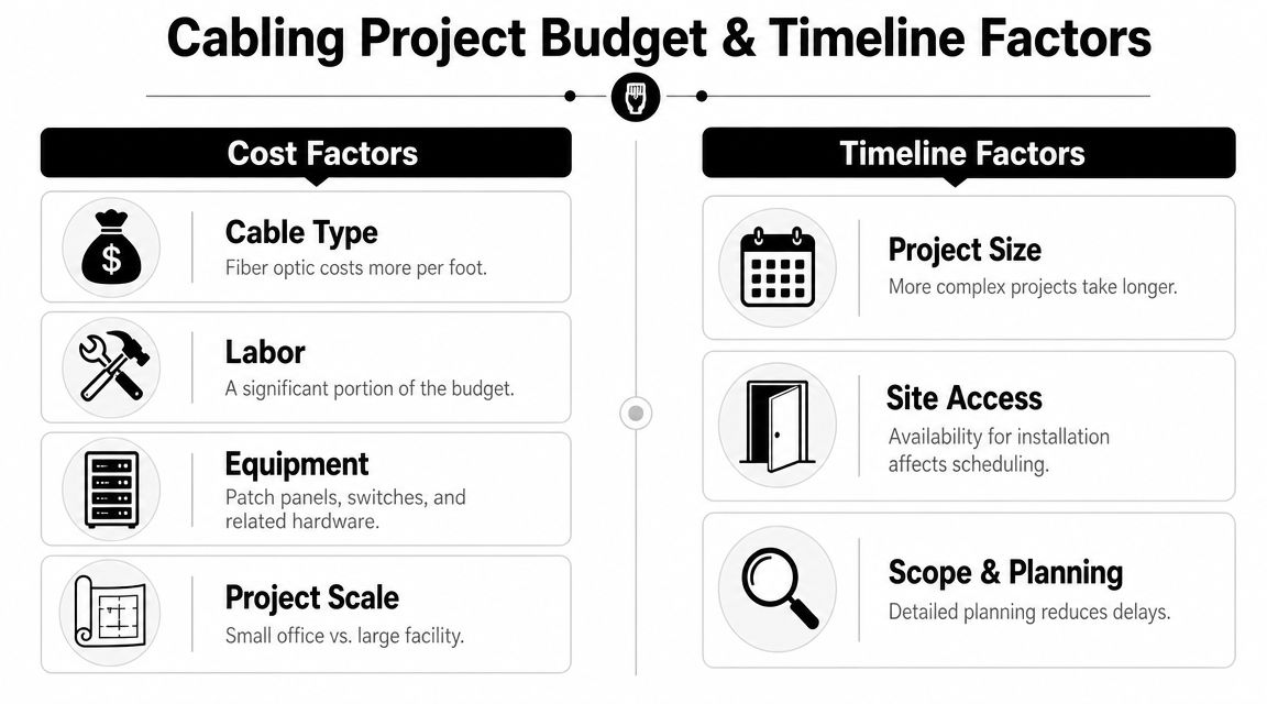 A structured infographic outlining key budget and timeline factors to consider for network cabling installation projects.