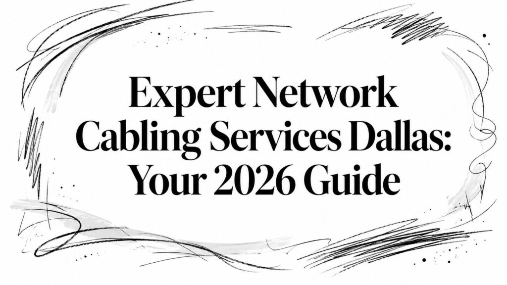 Text reads “Expert Network Cabling Services Dallas: Your 2026 Guide” in bold black letters, centered on a white background with abstract black swirl and line accents framing the text.