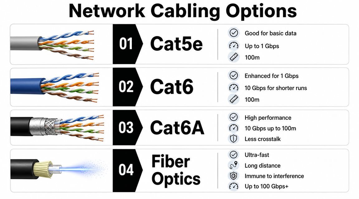 A comparison chart showing four different network cabling options including Cat5e, Cat6, Cat6A, and Fiber Optics cables.