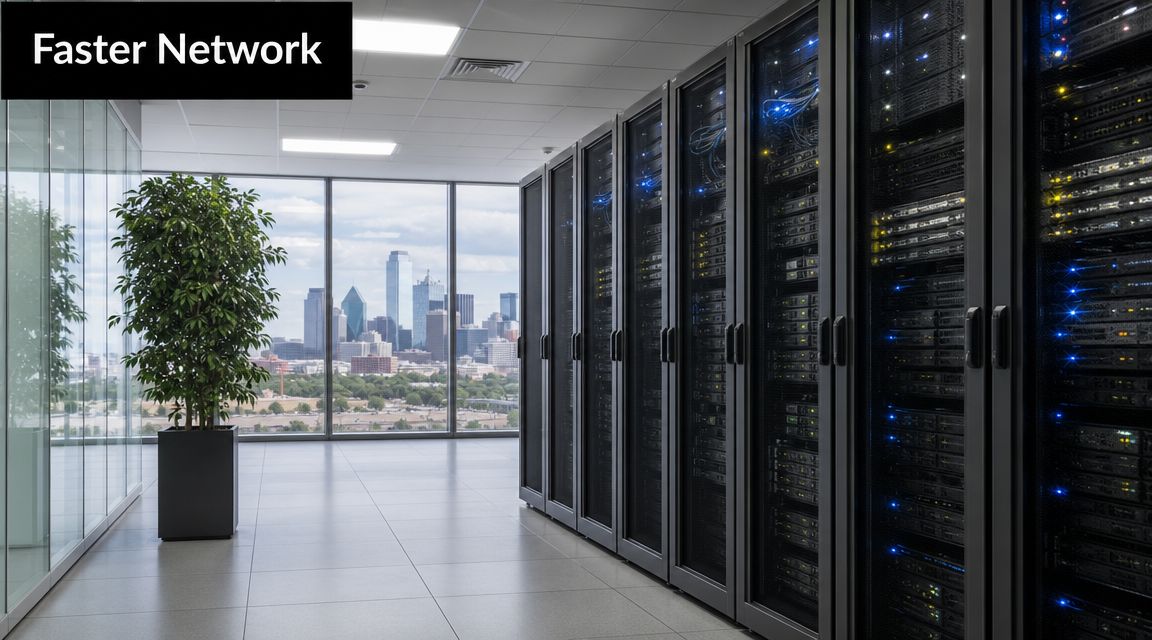 A sleek server room featuring high-performance networking racks and a view of the Dallas city skyline.