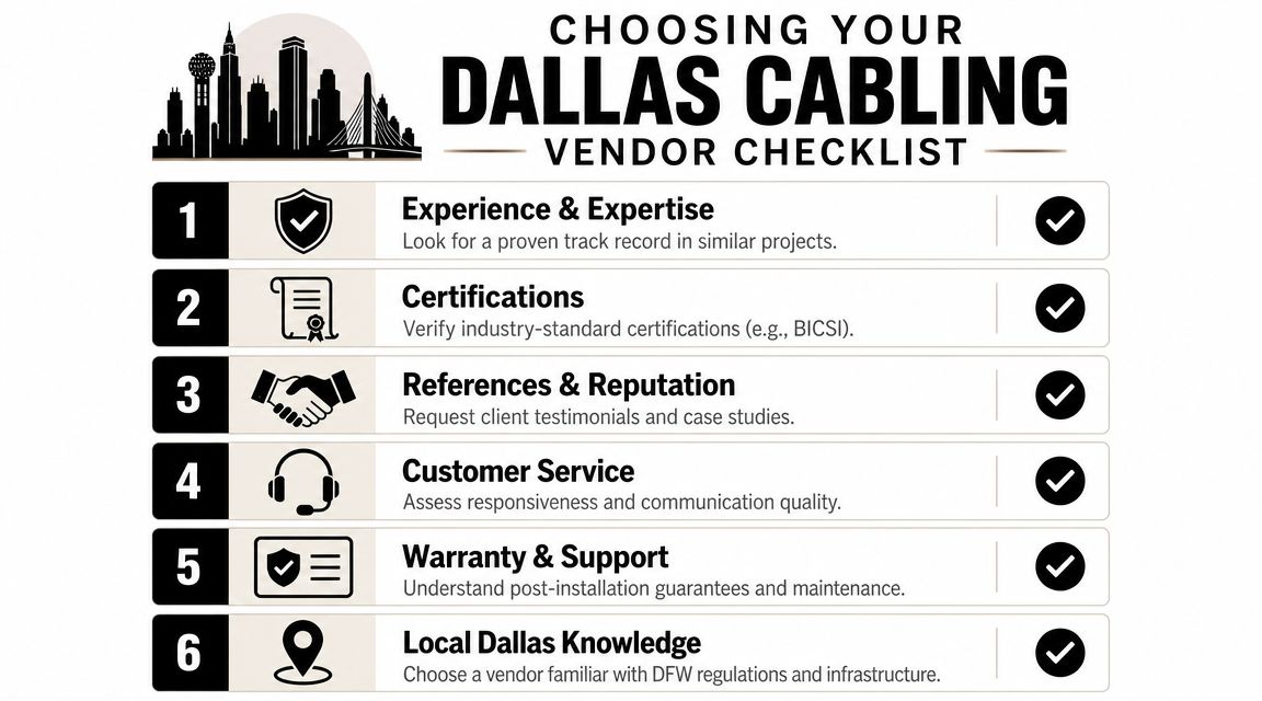 A checklist for choosing Dallas cabling services, highlighting six essential criteria for selecting a professional network vendor.