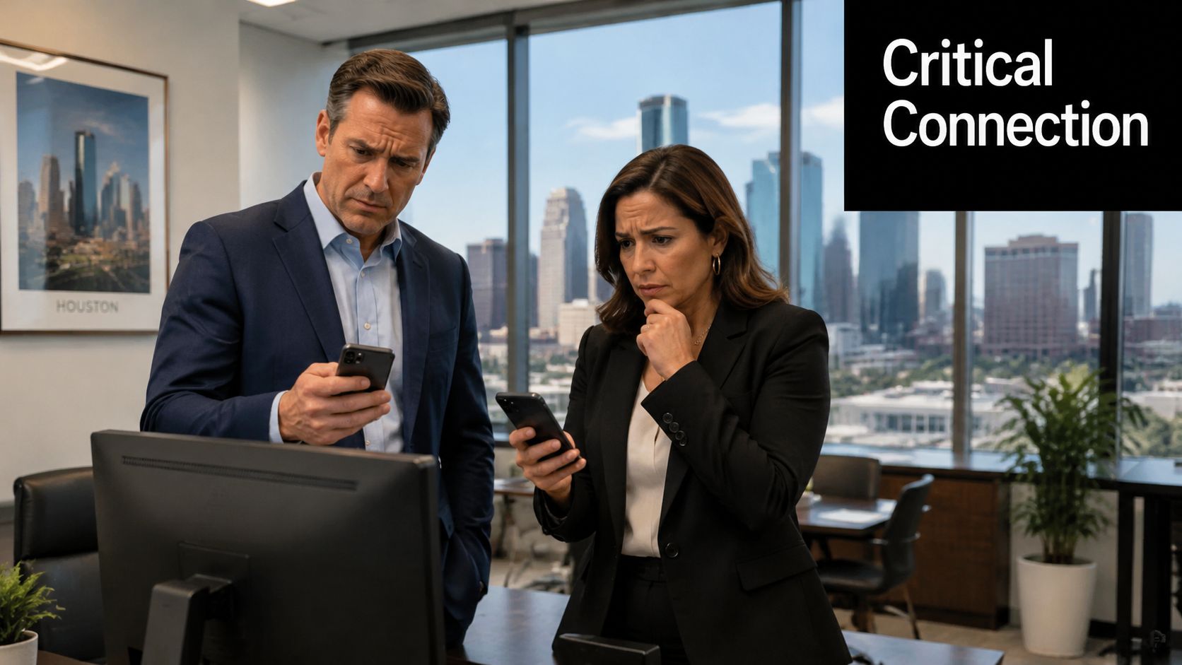 Two professionals looking at their smartphones with concern inside a high-rise office building in Houston.