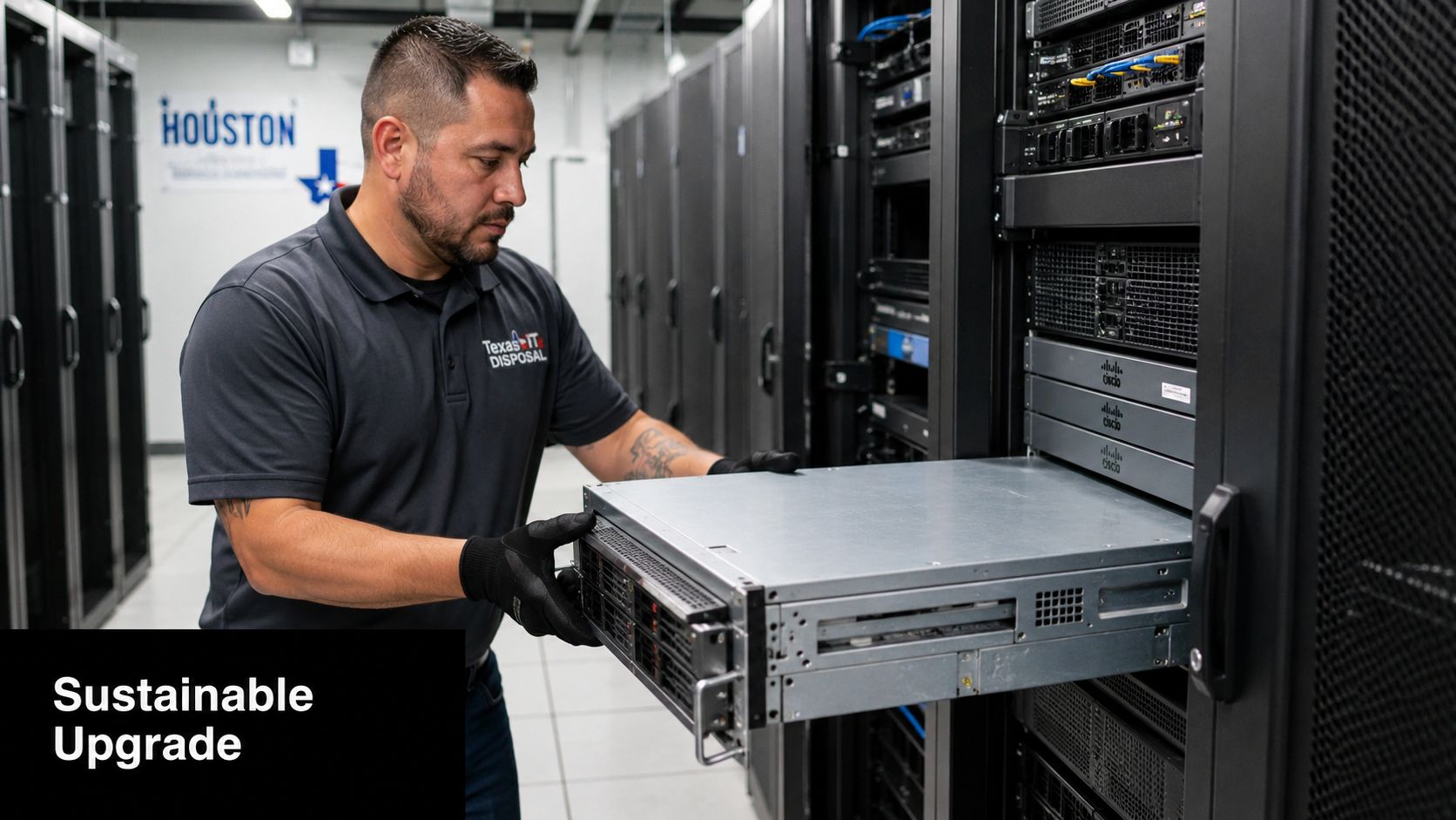 A technician from Texas IT Disposal installing a server into a rack for onsite telecom services in Houston.