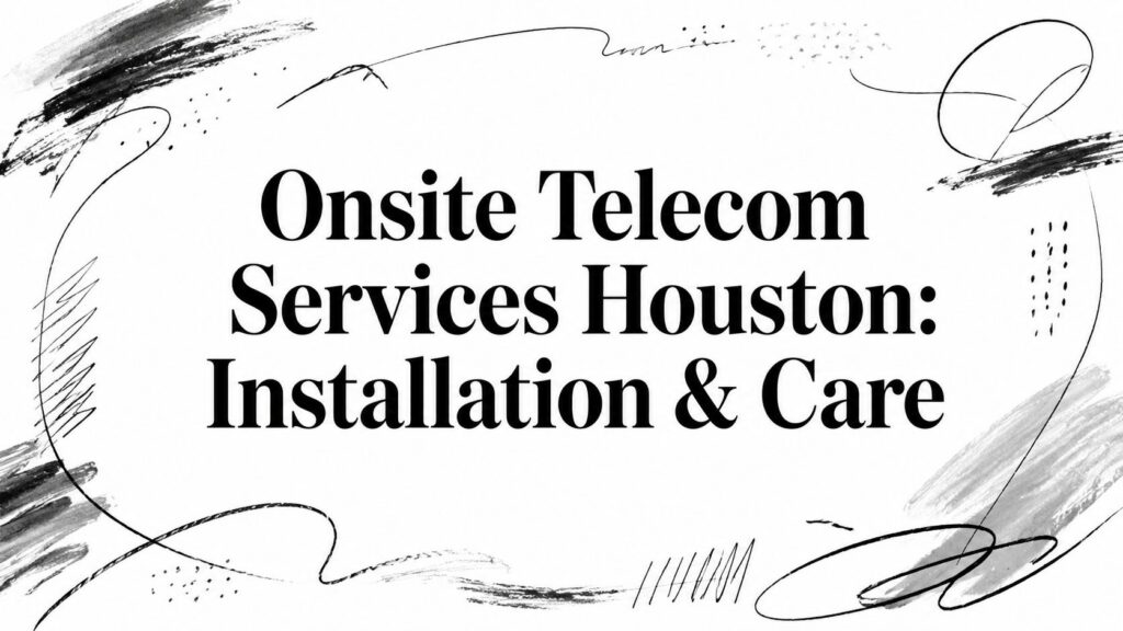 Text graphic with black brushstroke and scribble designs around the edges. In the center, bold black text reads: "Onsite Telecom Services Houston: Installation & Care.