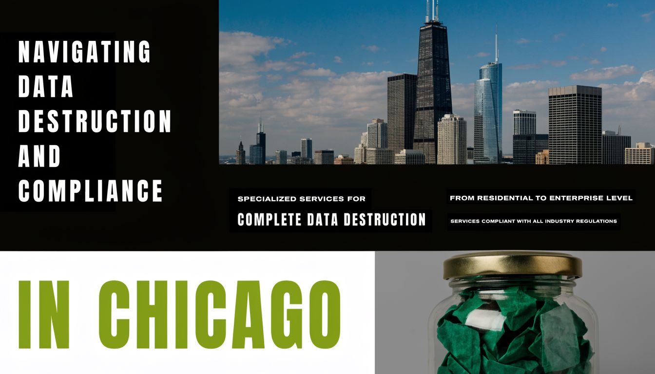 A professional graphic featuring the Chicago skyline with text about data destruction and compliance services in Chicago.