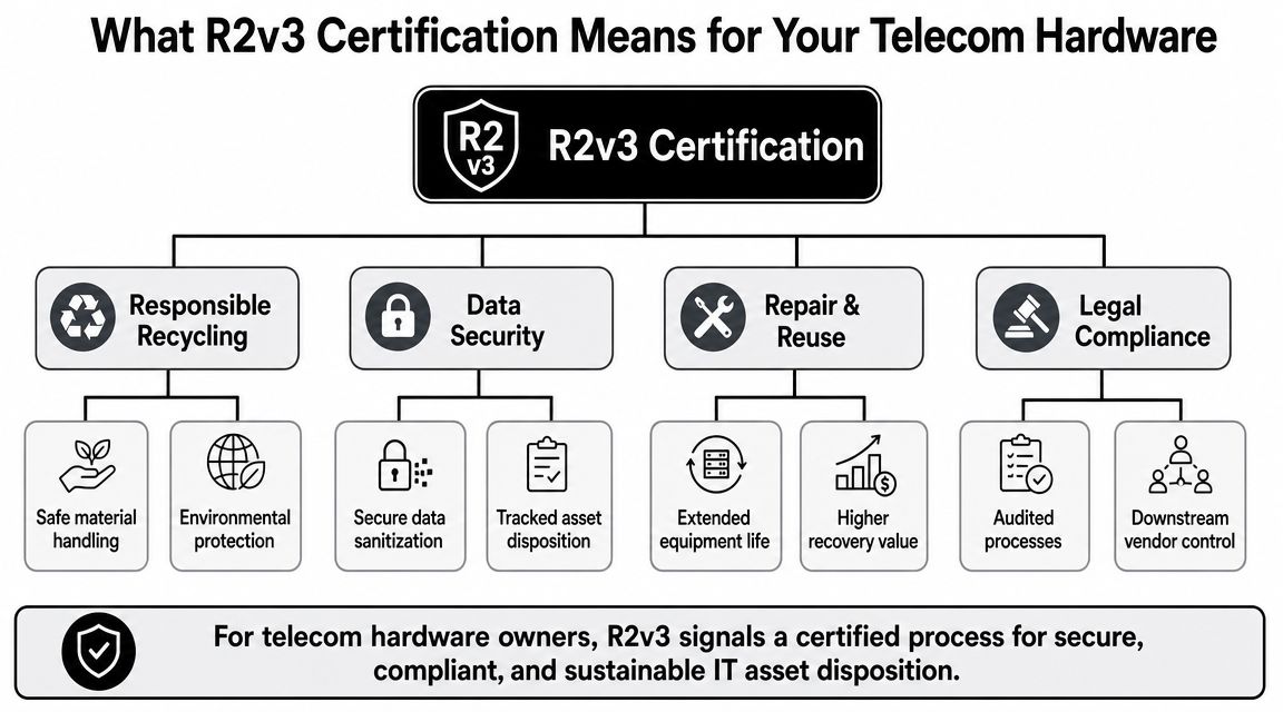 A diagram outlining the four core pillars of R2v3 certification for telecommunications hardware asset management and disposition.