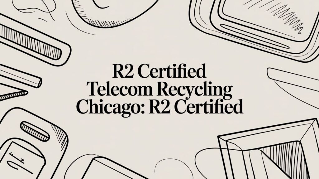 Text "R2 Certified Telecom Recycling Chicago: R2 Certified" is centered on a beige background, surrounded by simple black line drawings of electronic devices such as phones and computer monitors.