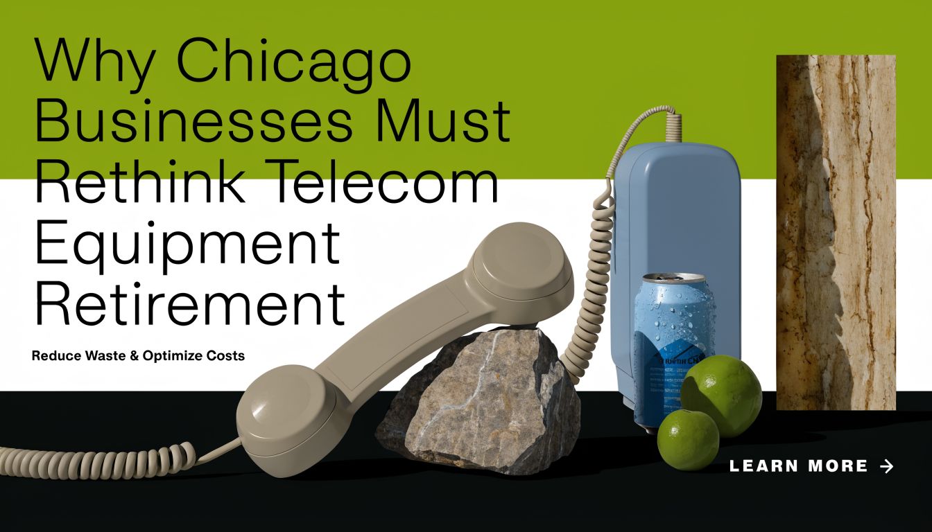 A modern graphic titled Why Chicago Businesses Must Rethink Telecom Equipment Retirement with objects representing technology and waste.