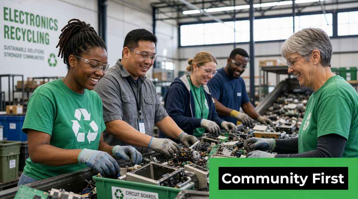 A diverse group of employees sorting electronic waste for recycling at a facility workstation.
