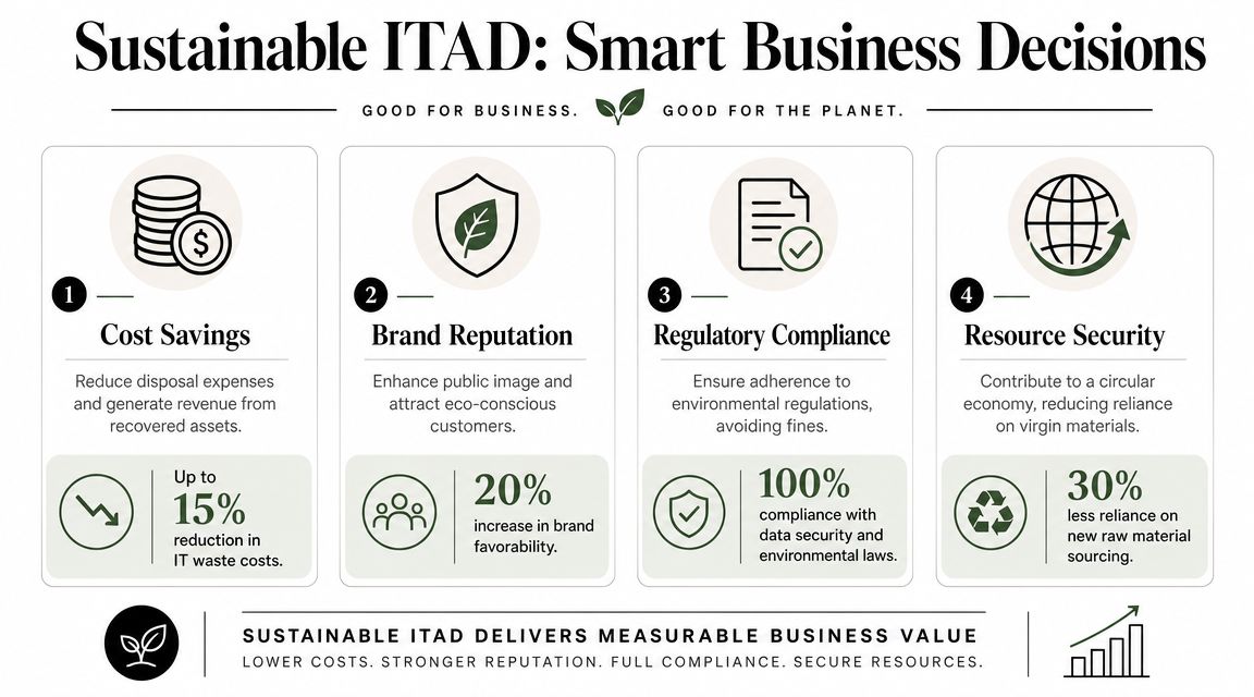 An infographic titled Sustainable ITAD showing four key business benefits including cost savings, reputation, compliance, and resources.