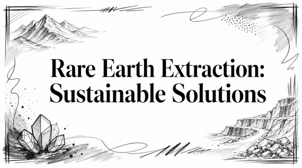 Black and white drawing of mountains, crystals, a quarry, and the words "Rare Earth Extraction: Sustainable Solutions.