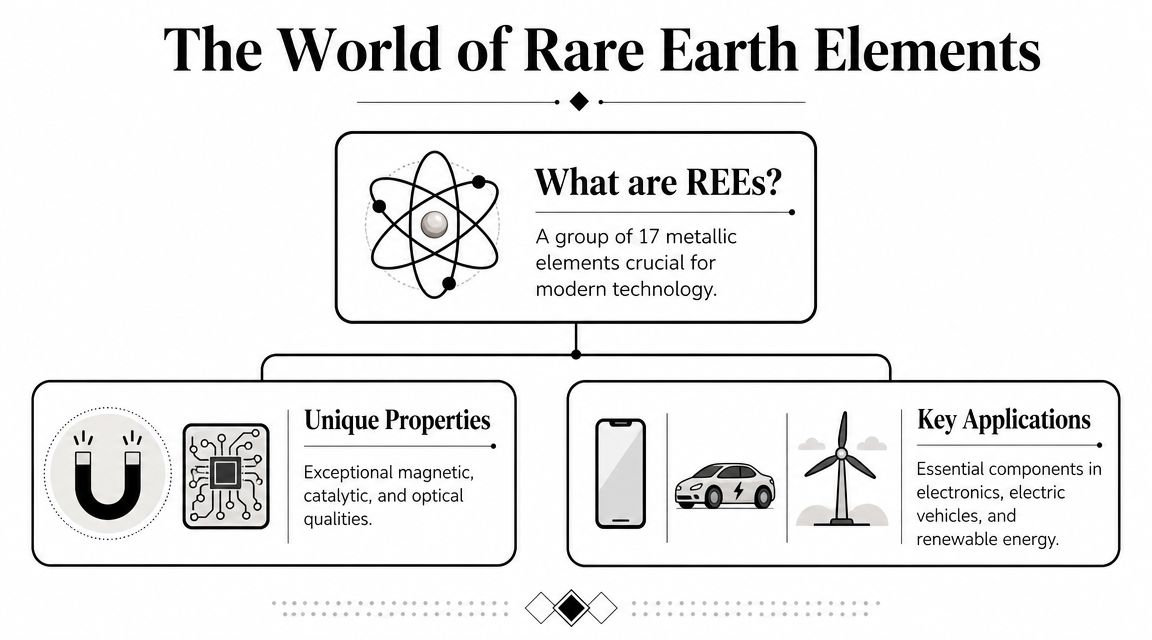 An infographic titled The World of Rare Earth Elements explaining their definition, properties, and modern technological applications.