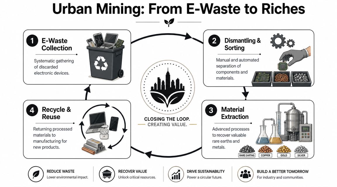 An infographic illustrating the four-step urban mining process of recycling e-waste into raw materials.