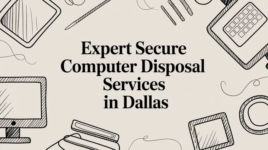 Illustrated border of computer and tech devices surrounds the text "Expert Secure Computer Disposal Services in Dallas" on a light background.