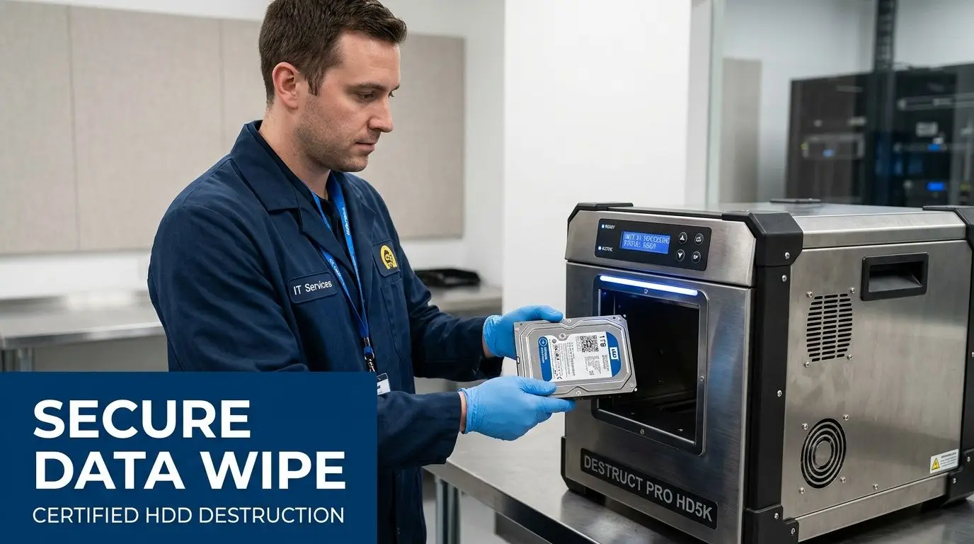 A technician wearing blue gloves inserts a hard drive into a secure digital destruction machine.
