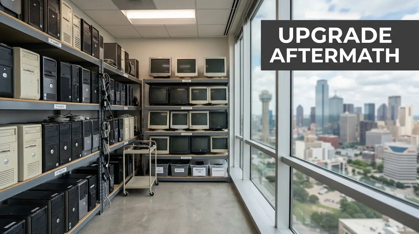 A storage room filled with old computer towers and monitors overlooking the Dallas city skyline.
