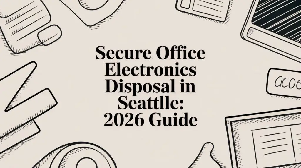 Illustrated banner with office electronics and text that reads, "Secure Office Electronics Disposal in Seattle: 2026 Guide.