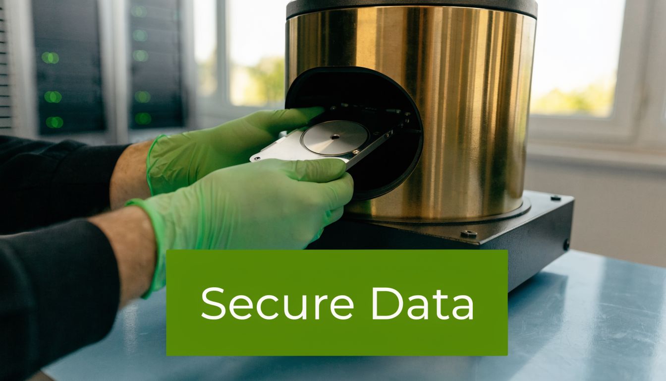 A technician wearing green protective gloves inserts a hard drive into a secure data destruction machine.