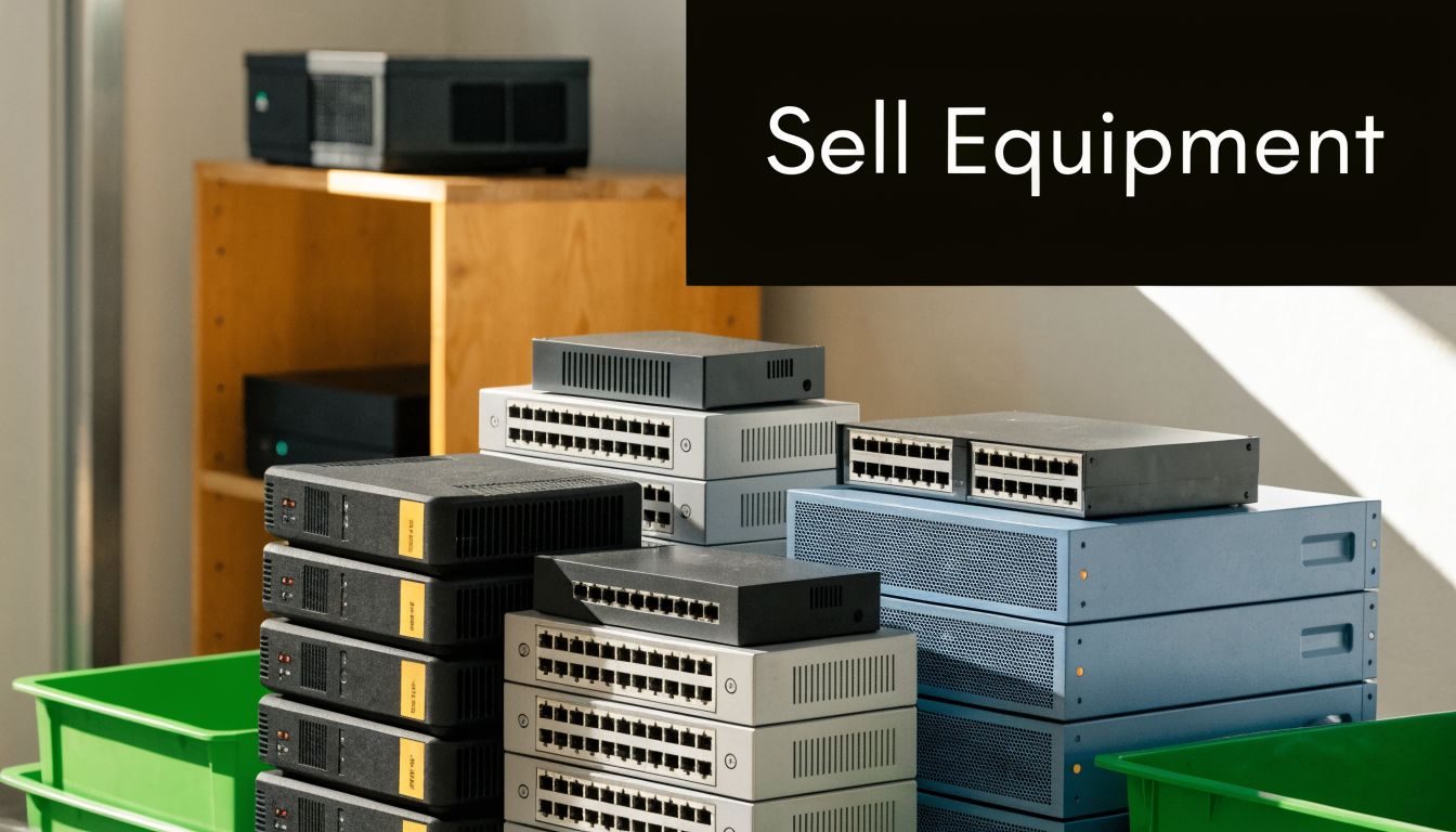 A pile of network switches and various pieces of enterprise telecom hardware stacked on a desk.