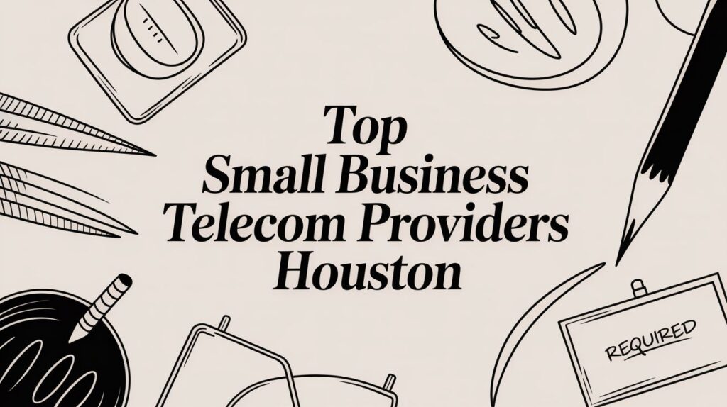 Text that says "Top Small Business Telecom Providers Houston" surrounded by black and white illustrations of office supplies such as paper clips, pens, notepad, and a "required" name tag.