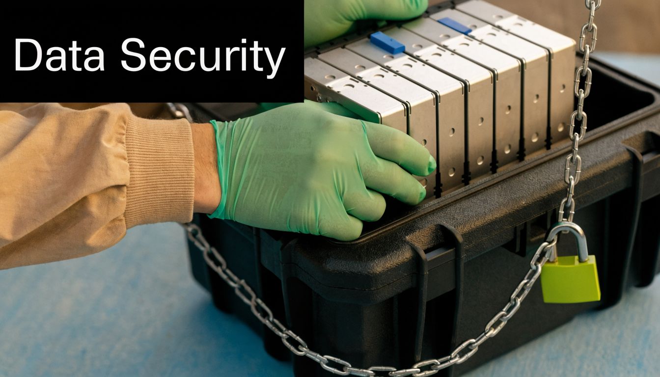 A technician wearing protective gloves carefully handles hard drive components for secure data destruction and recycling services.