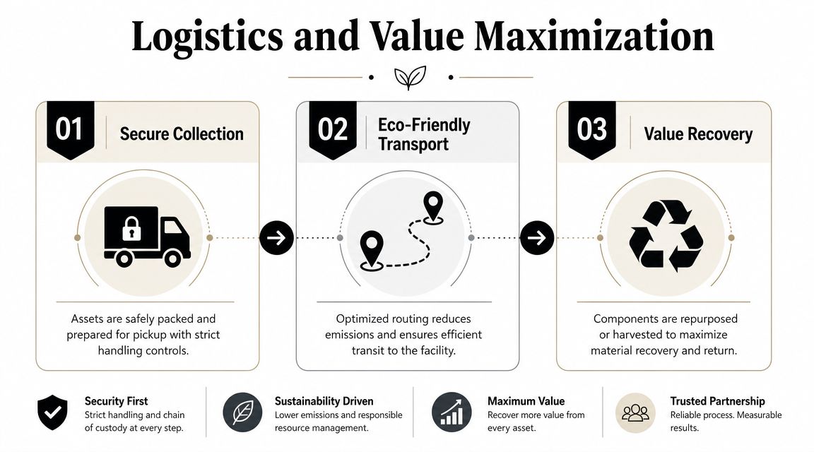 A diagram illustrating a three-step logistics process including secure collection, eco-friendly transport, and asset value recovery.