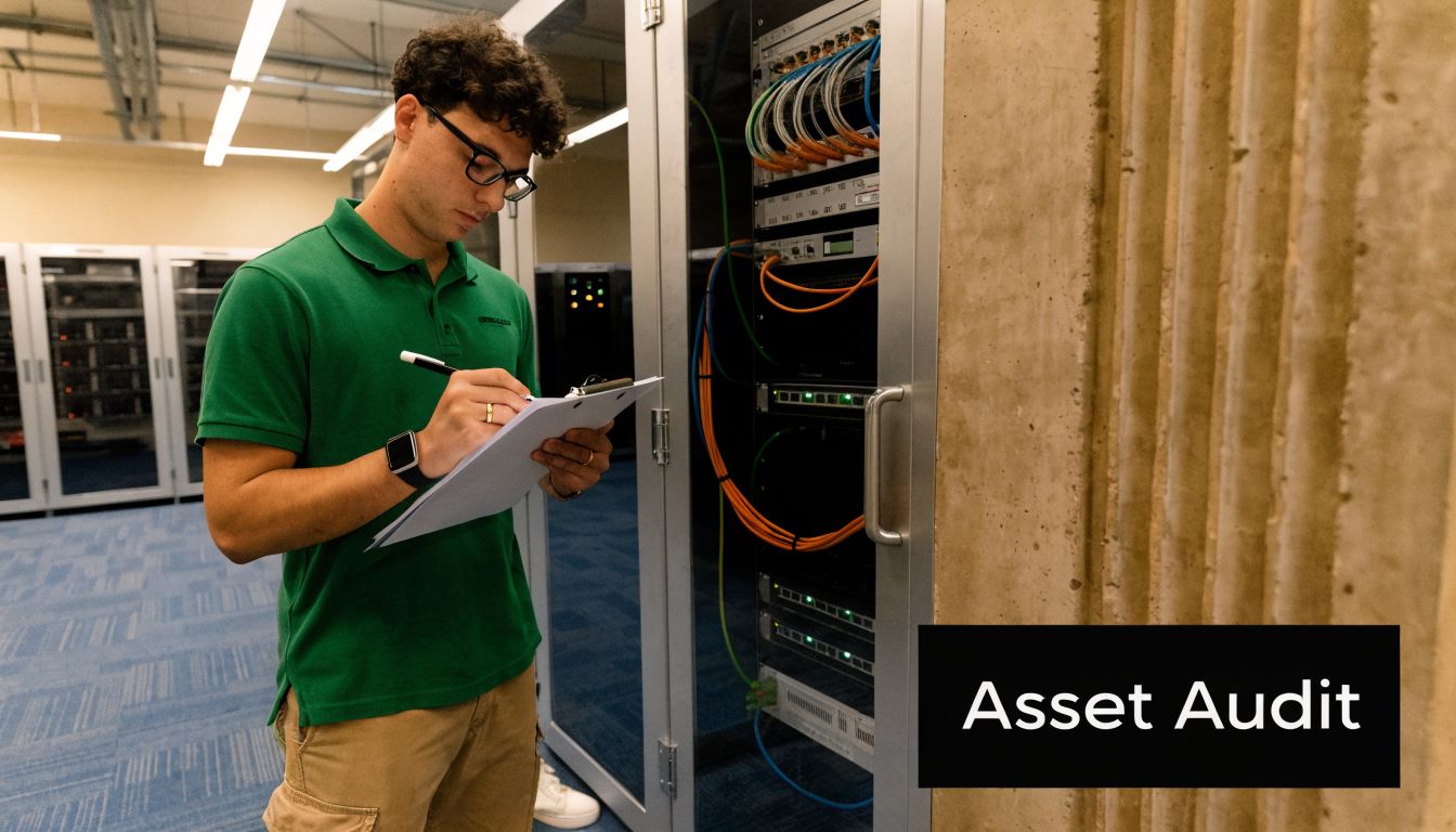 A technician performing an infrastructure audit on network server racks in a modern data center.