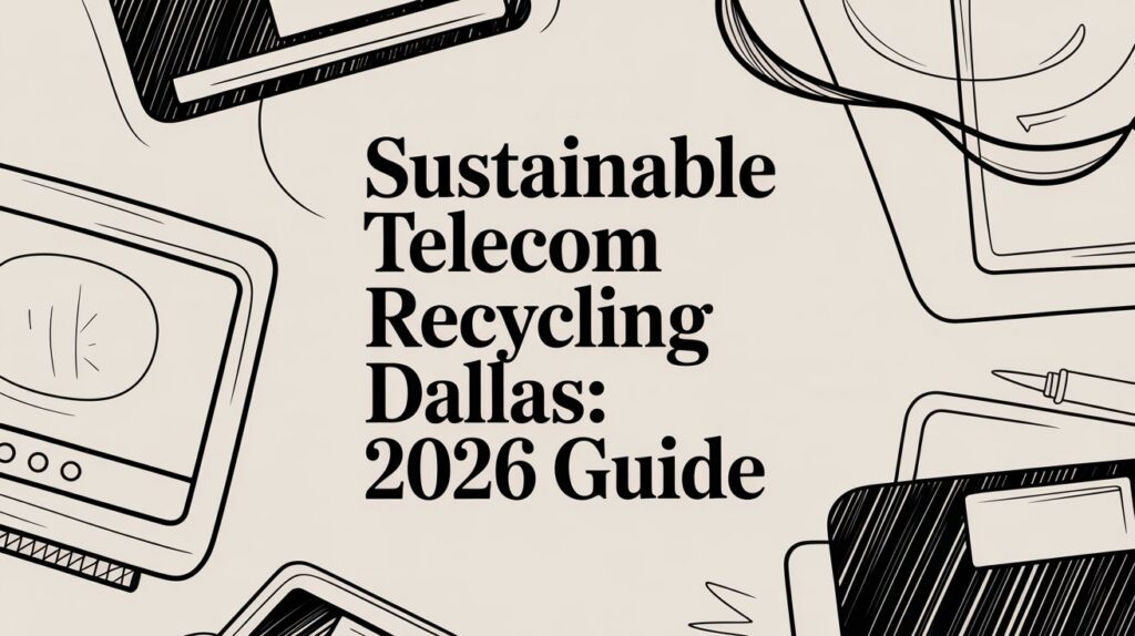 Text reads "Sustainable Telecom Recycling Dallas: 2026 Guide" over a beige background with black line drawings of electronic devices like monitors, cables, and laptops around the edges.