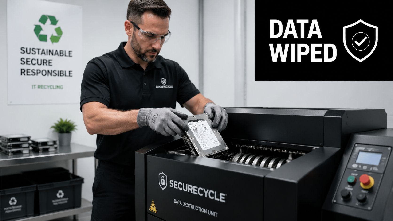A professional technician carefully destroys a hard drive using a secure data destruction unit for recycling.