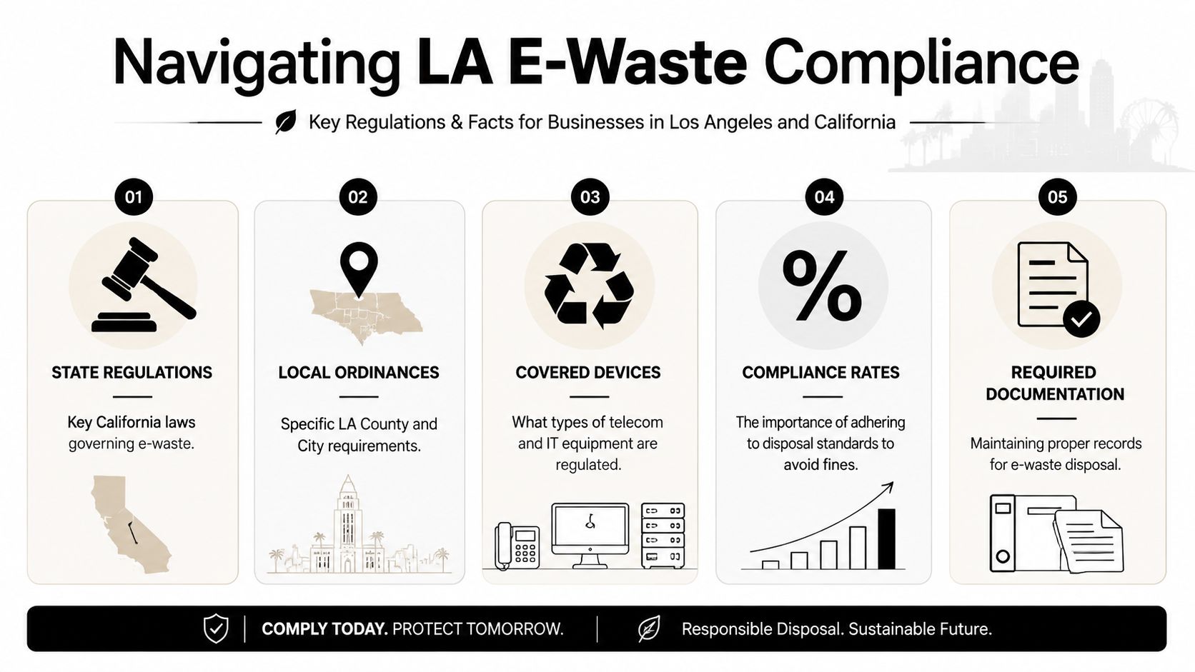 An infographic titled Navigating LA E-Waste Compliance, highlighting key regulations and facts for businesses regarding electronics disposal.