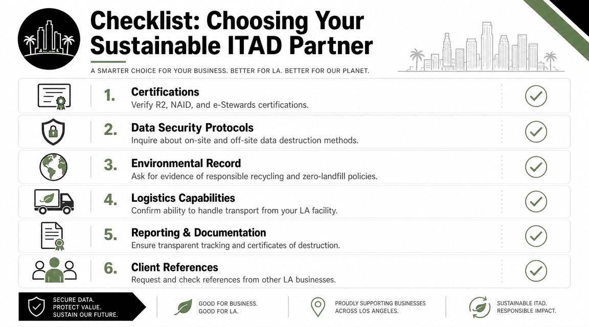 A checklist for choosing a sustainable ITAD partner for businesses located in Los Angeles.
