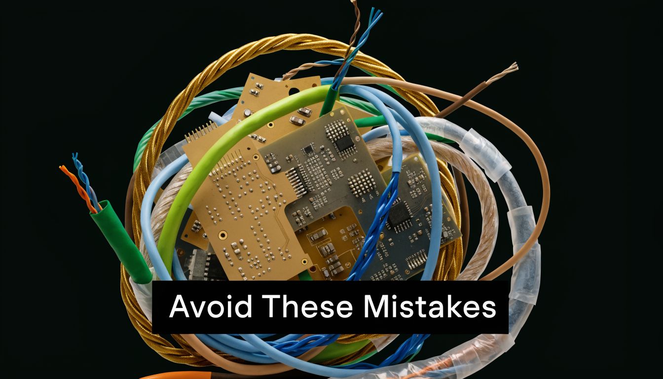 A jumble of colorful ethernet cables and circuit boards on a black background representing technology waste management.