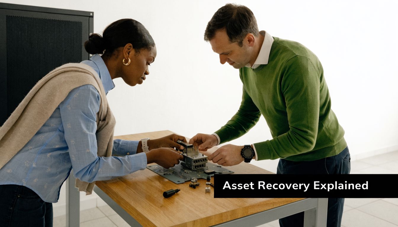 A technician and an engineer collaborating to disassemble hardware components at a wooden workbench for inspection.