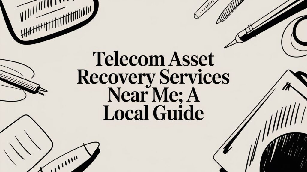 Text that reads “Telecom Asset Recovery Services Near Me; A Local Guide” is centered on a light background with black-and-white illustrations of pens, paper clips, and notepads in the corners.