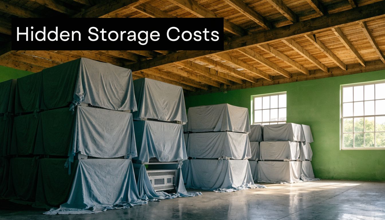 Several large storage units covered with light blue fabric inside a warehouse with green walls.