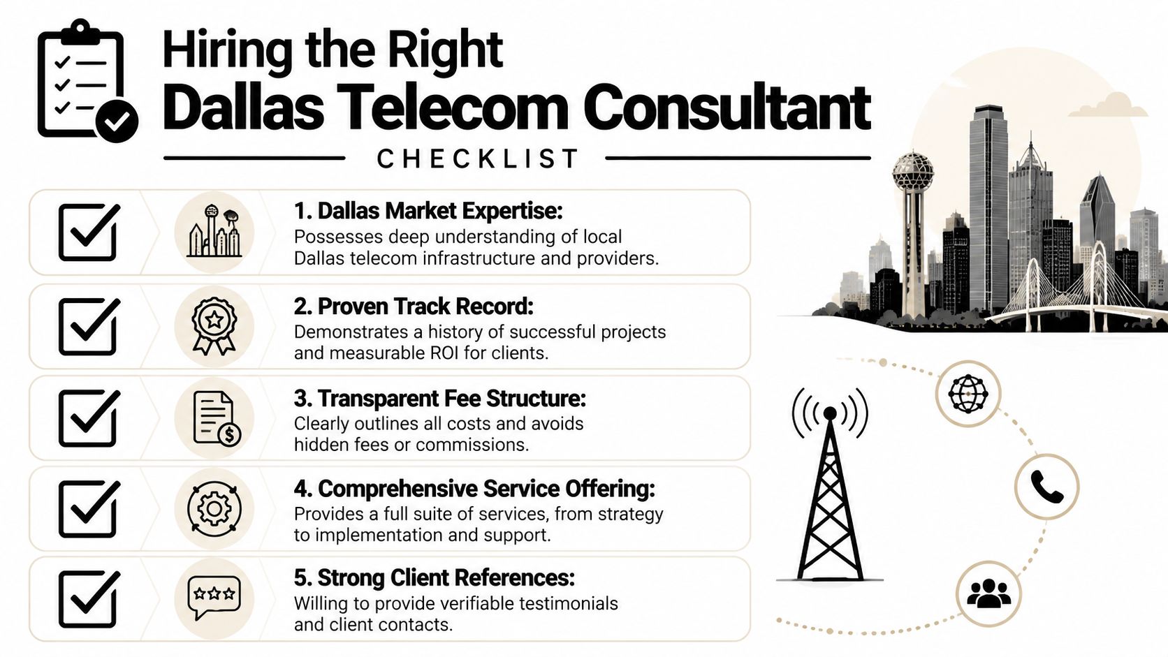 A checklist infographic outlining five key criteria for hiring a professional telecommunications consultant in the Dallas area.