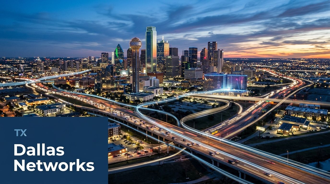 A wide angle view of the Dallas, Texas skyline illuminated at twilight with busy highway traffic trails.