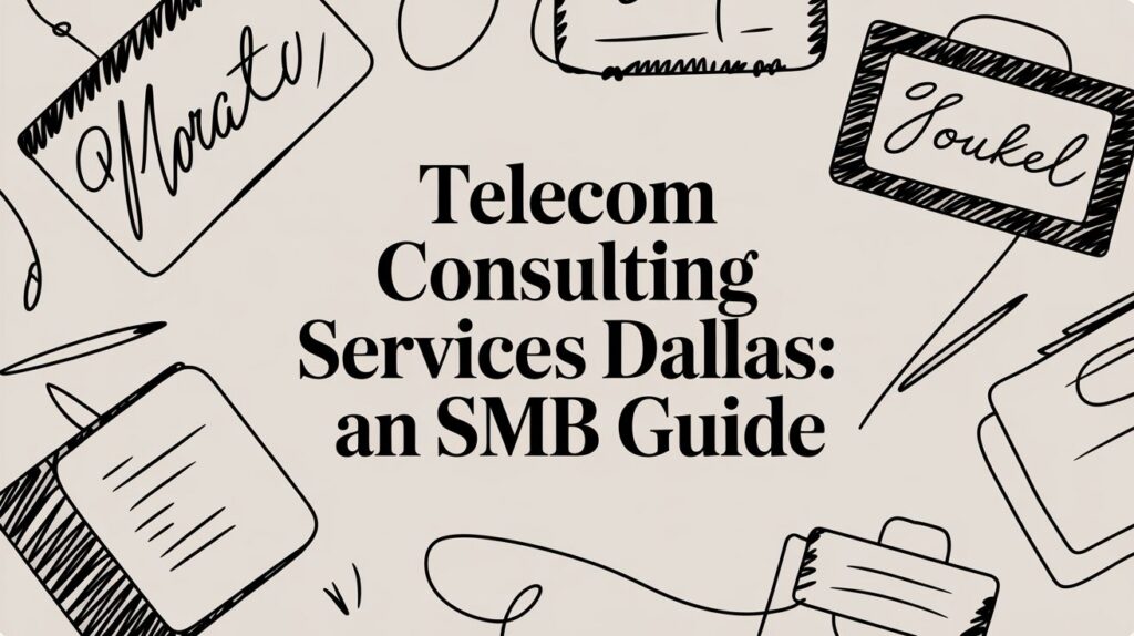 Hand-drawn badges and lines surround the bold text "Telecom Consulting Services Dallas: an SMB Guide" on a light beige background.
