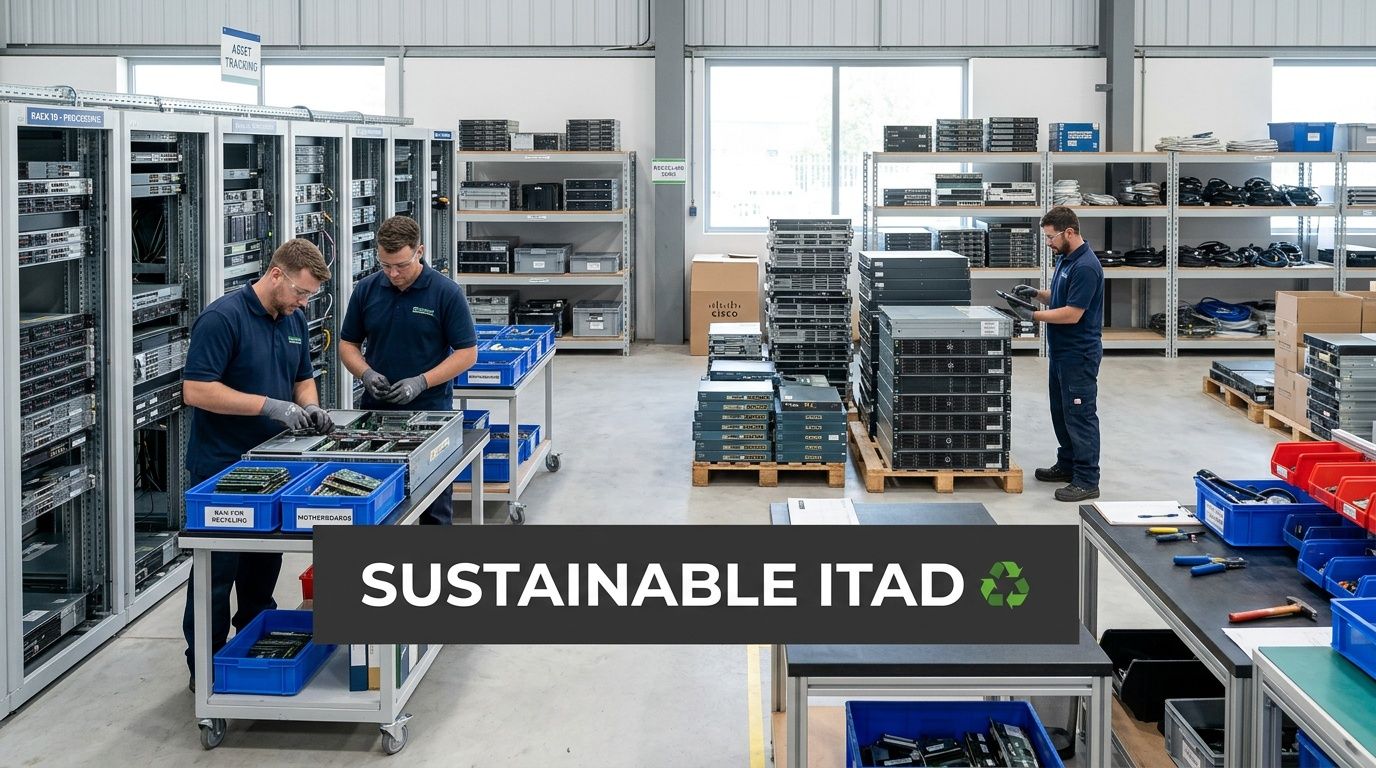 Three technicians working in a professional IT facility, processing and organizing decommissioned server hardware for sustainable recycling.