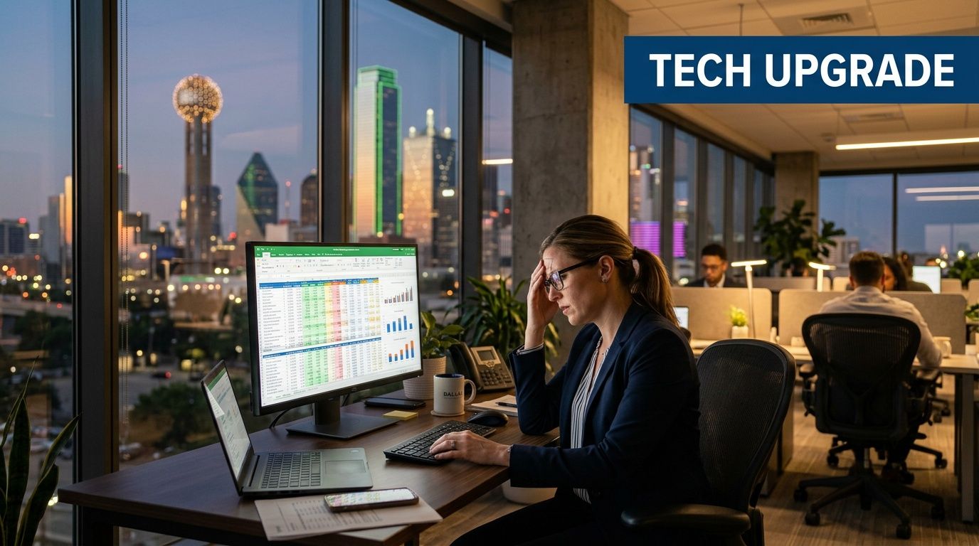 A professional woman looking stressed at her office desk in downtown Dallas during late evening hours.