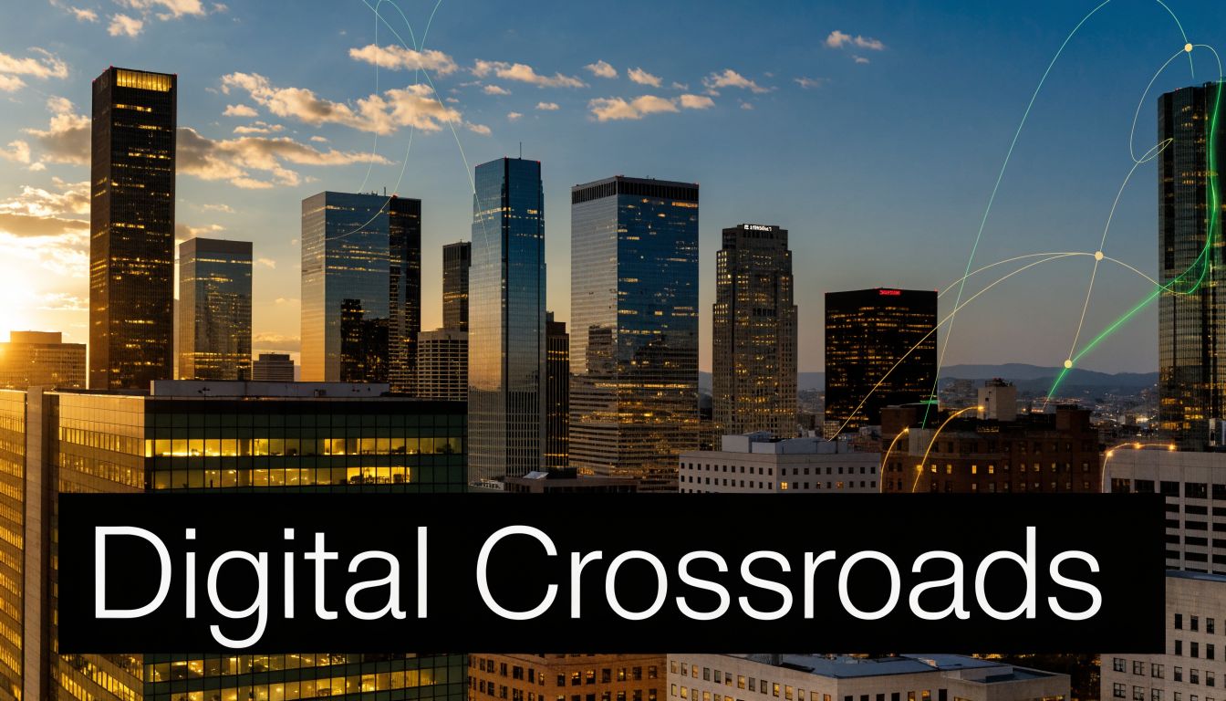 A modern Los Angeles city skyline at sunset with digital network connection lines overlaying the buildings.