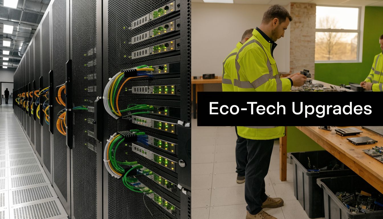 Technical professionals working on electronic hardware upgrades alongside rows of organized server racks in a data center.